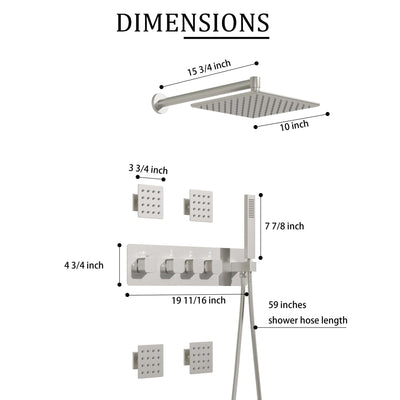 Thermostatic 3-Function Shower System with 10" 360° Adiustable Square Rainfall Head, L-Shaped Hand Shower & Body Jets, Solid 304 Stainless Steel