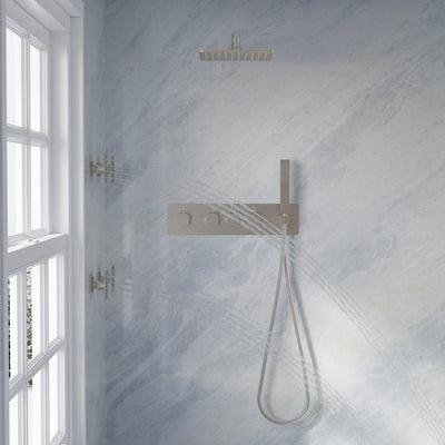 Thermostatic 3-Function Shower System with 10" 360° Adiustable Square Rainfall Head, L-Shaped Hand Shower & Body Jets, Solid 304 Stainless Steel