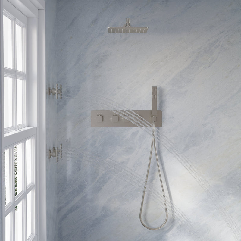 Thermostatic 3-Function Shower System with 10" 360° Adiustable Square Rainfall Head, L-Shaped Hand Shower & Body Jets, Solid 304 Stainless Steel