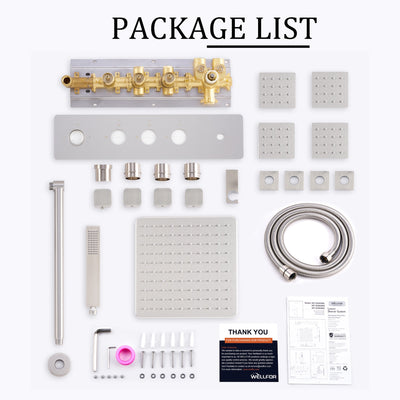 Thermostatic 3-Function Shower System with 10" 360° Adiustable Square Rainfall Head, L-Shaped Hand Shower & Body Jets, Solid 304 Stainless Steel
