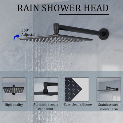 Thermostatic 3-Function Shower System with 10" 360° Adiustable Square Rainfall Head, L-Shaped Hand Shower & Body Jets, Solid 304 Stainless Steel
