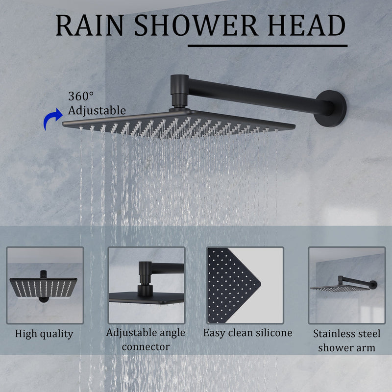Thermostatic 3-Function Shower System with 10" 360° Adiustable Square Rainfall Head, L-Shaped Hand Shower & Body Jets, Solid 304 Stainless Steel