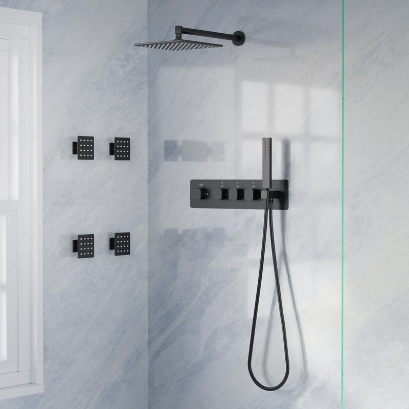 Thermostatic 3-Function Shower System with 10" 360° Adiustable Square Rainfall Head, L-Shaped Hand Shower & Body Jets, Solid 304 Stainless Steel