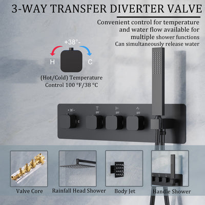 Thermostatic 3-Function Shower System with 10" 360° Adiustable Square Rainfall Head, L-Shaped Hand Shower & Body Jets, Solid 304 Stainless Steel