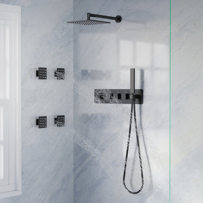 Thermostatic 3-Function Shower System with 10" 360° Adiustable Square Rainfall Head, L-Shaped Hand Shower & Body Jets, Solid 304 Stainless Steel