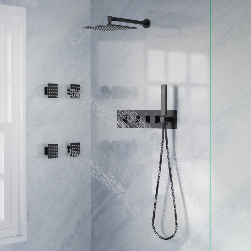 Thermostatic 3-Function Shower System with 10" 360° Adiustable Square Rainfall Head, L-Shaped Hand Shower & Body Jets, Solid 304 Stainless Steel