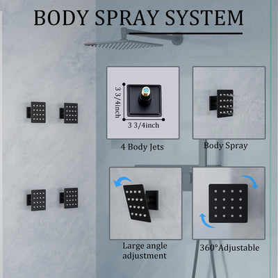 Thermostatic 3-Function Shower System with 10" 360° Adiustable Square Rainfall Head, L-Shaped Hand Shower & Body Jets, Solid 304 Stainless Steel
