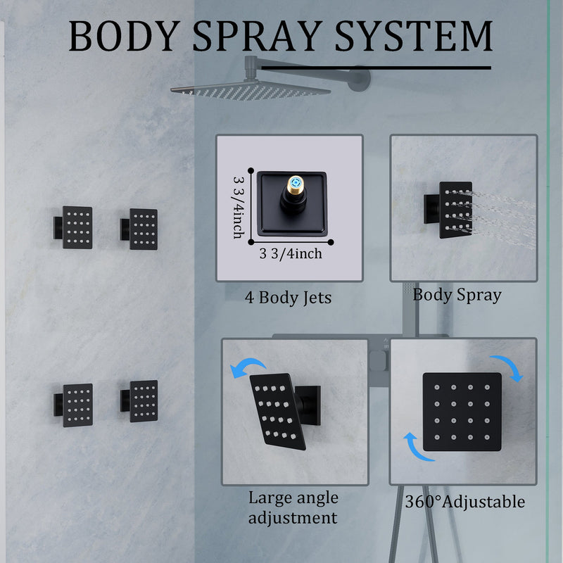 Thermostatic 3-Function Shower System with 10" 360° Adiustable Square Rainfall Head, L-Shaped Hand Shower & Body Jets, Solid 304 Stainless Steel