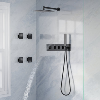Thermostatic 3-Function Shower System with 10" 360° Adiustable Square Rainfall Head, L-Shaped Hand Shower & Body Jets, Solid 304 Stainless Steel