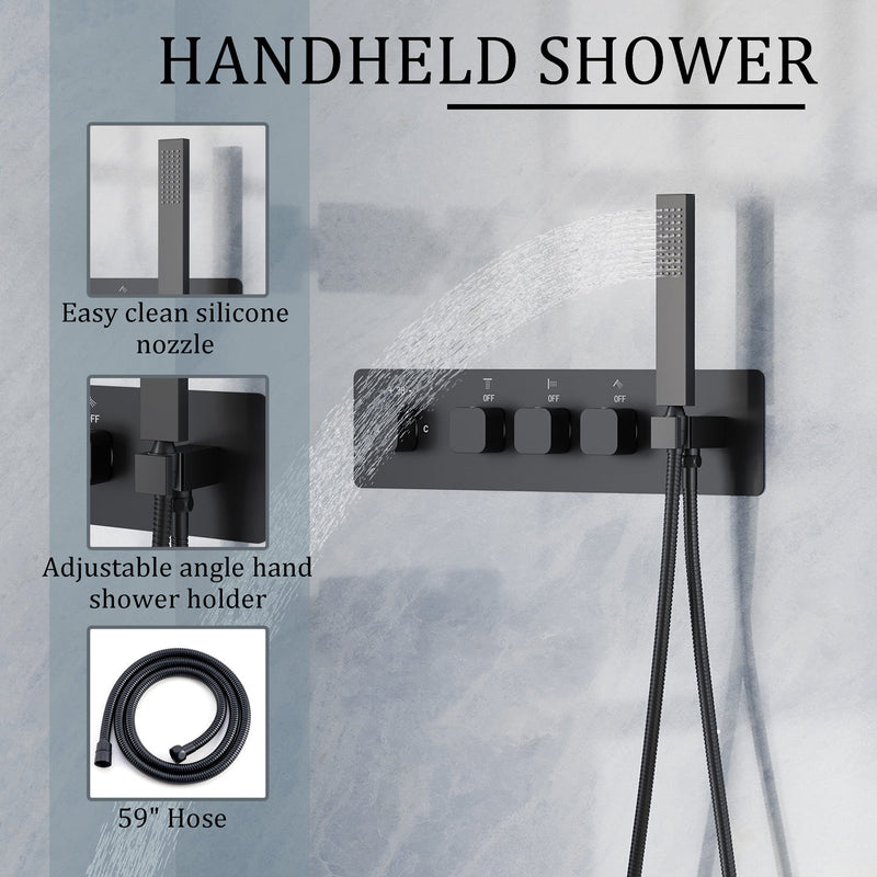 Thermostatic 3-Function Shower System with 10" 360° Adiustable Square Rainfall Head, L-Shaped Hand Shower & Body Jets, Solid 304 Stainless Steel