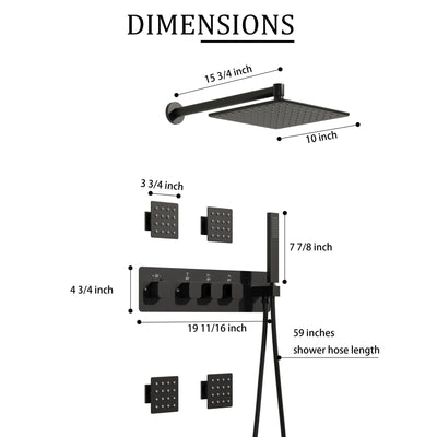 Thermostatic 3-Function Shower System with 10" 360° Adiustable Square Rainfall Head, L-Shaped Hand Shower & Body Jets, Solid 304 Stainless Steel