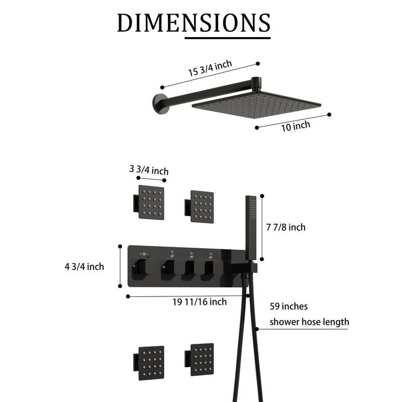 Thermostatic 3-Function Shower System with 10" 360° Adiustable Square Rainfall Head, L-Shaped Hand Shower & Body Jets, Solid 304 Stainless Steel