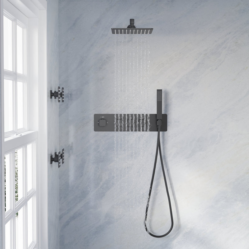 Thermostatic 3-Function Shower System with 10" 360° Adiustable Square Rainfall Head, L-Shaped Hand Shower & Body Jets, Solid 304 Stainless Steel