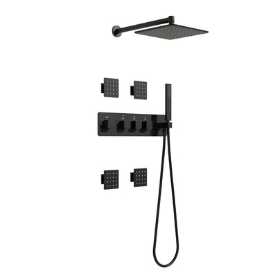 Thermostatic 3-Function Shower System with 10" 360° Adiustable Square Rainfall Head, L-Shaped Hand Shower & Body Jets, Solid 304 Stainless Steel