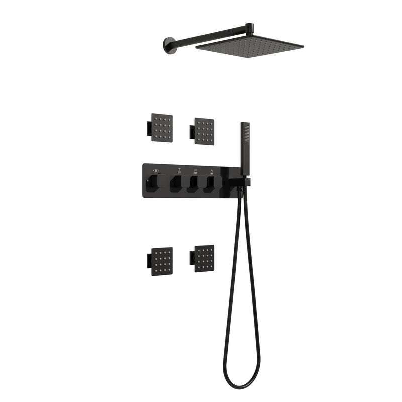 Thermostatic 3-Function Shower System with 10" 360° Adiustable Square Rainfall Head, L-Shaped Hand Shower & Body Jets, Solid 304 Stainless Steel