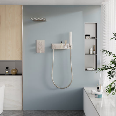 Pressure Balance 3-Function Shower System with 19.69''×7.87'' Rainfall Shower Head, Built-in Shelf & Handheld, 304 Stainless Steel
