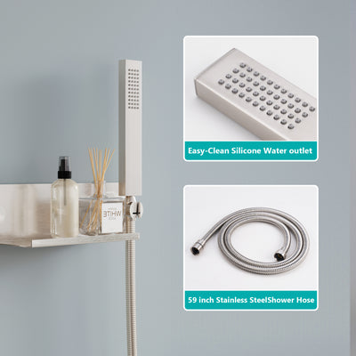 Pressure Balance 3-Function Shower System with 19.69''×7.87'' Rainfall Shower Head, Built-in Shelf & Handheld, 304 Stainless Steel