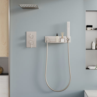 Pressure Balance 3-Function Shower System with 19.69''×7.87'' Rainfall Shower Head, Built-in Shelf & Handheld, 304 Stainless Steel
