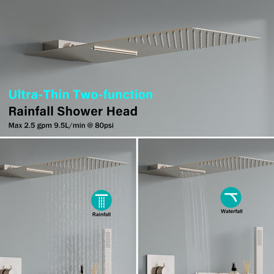 Pressure Balance 3-Function Shower System with 19.69''×7.87'' Rainfall Shower Head, Built-in Shelf & Handheld, 304 Stainless Steel