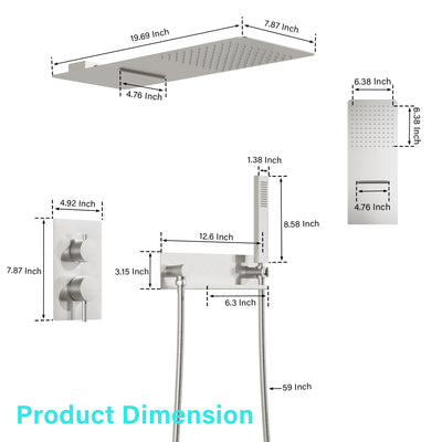 Pressure Balance 3-Function Shower System with 19.69''×7.87'' Rainfall Shower Head, Built-in Shelf & Handheld, 304 Stainless Steel
