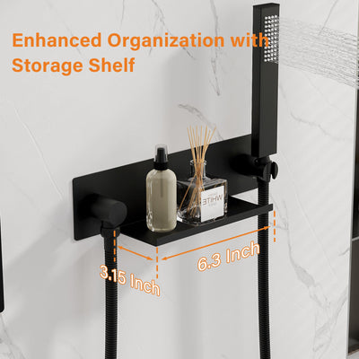 Pressure Balance 3-Function Shower System with 19.69''×7.87'' Rainfall Shower Head, Built-in Shelf & Handheld, 304 Stainless Steel