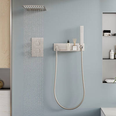 Pressure Balance 3-Function Shower System with 19.69''×7.87'' Rainfall Shower Head, Built-in Shelf & Handheld, 304 Stainless Steel