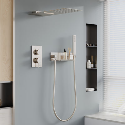 Pressure Balance 3-Function Shower System with 19.69''×7.87'' Rainfall Shower Head, Built-in Shelf & Handheld, 304 Stainless Steel