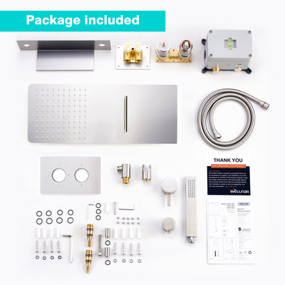 Pressure Balance 3-Function Shower System with 19.69''×7.87'' Rainfall Shower Head, Built-in Shelf & Handheld, 304 Stainless Steel