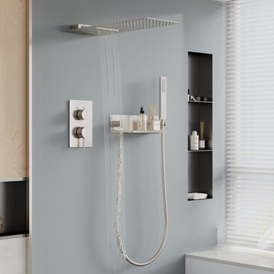 Pressure Balance 3-Function Shower System with 19.69''×7.87'' Rainfall Shower Head, Built-in Shelf & Handheld, 304 Stainless Steel