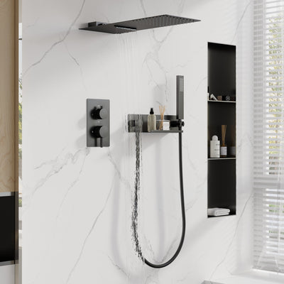 Pressure Balance 3-Function Shower System with 19.69''×7.87'' Rainfall Shower Head, Built-in Shelf & Handheld, 304 Stainless Steel