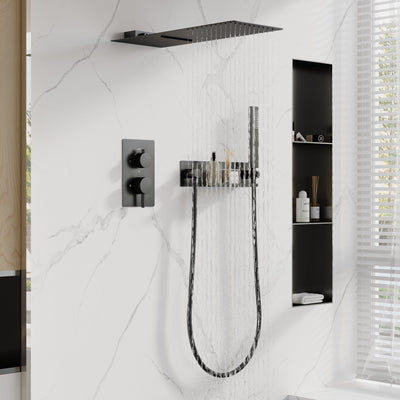 Pressure Balance 3-Function Shower System with 19.69''×7.87'' Rainfall Shower Head, Built-in Shelf & Handheld, 304 Stainless Steel