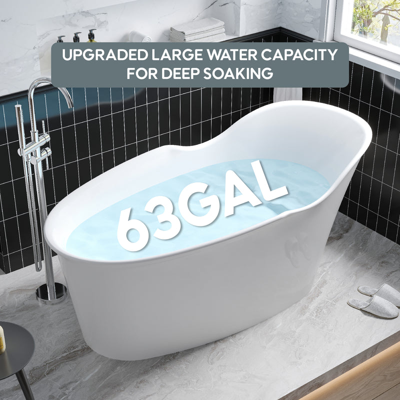 66 Freestanding Acrylic Bathtub Glossy White with Overflow and Drainage