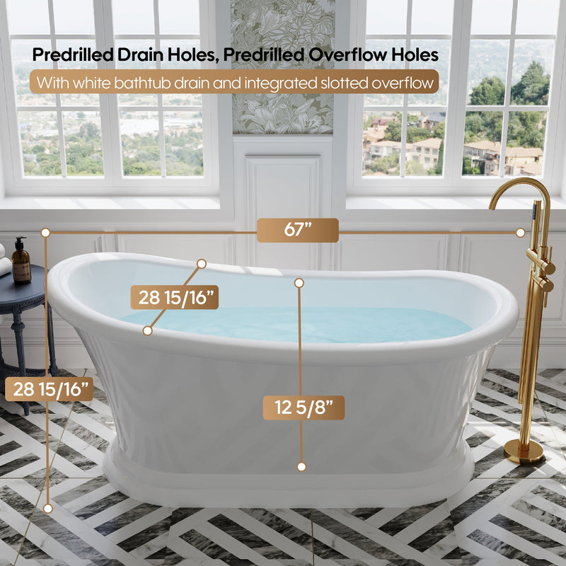 67" Acrylic Modern Freestanding Soaking Bathtub, Overflow and Drain Included