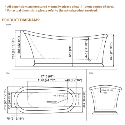 67" Acrylic Modern Freestanding Soaking Bathtub, Overflow and Drain Included