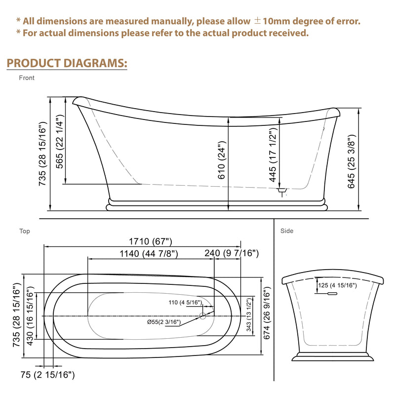 67" Acrylic Modern Freestanding Soaking Bathtub, Overflow and Drain Included