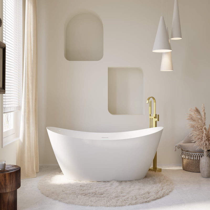 66" Acrylic Freestanding Soaking Bathtub Contemporary Soaking White Tub with Overflow and Drain