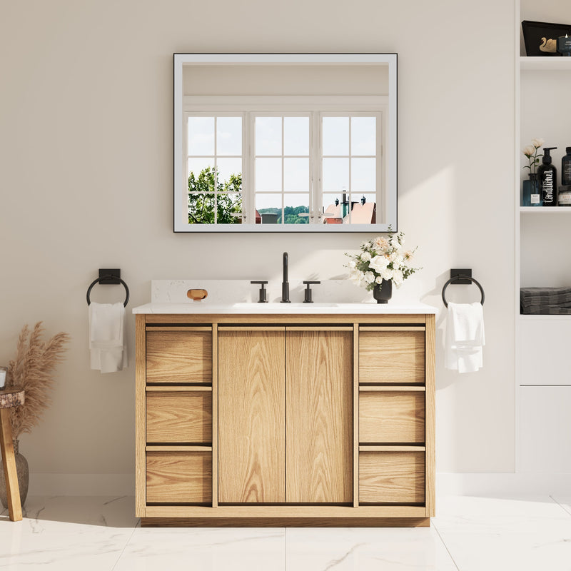 48 Inch Oak Soild Wood Bathroom Vanity with Sink, 6 Dovetail-constructed Drawers and 2 Soft-close Doors