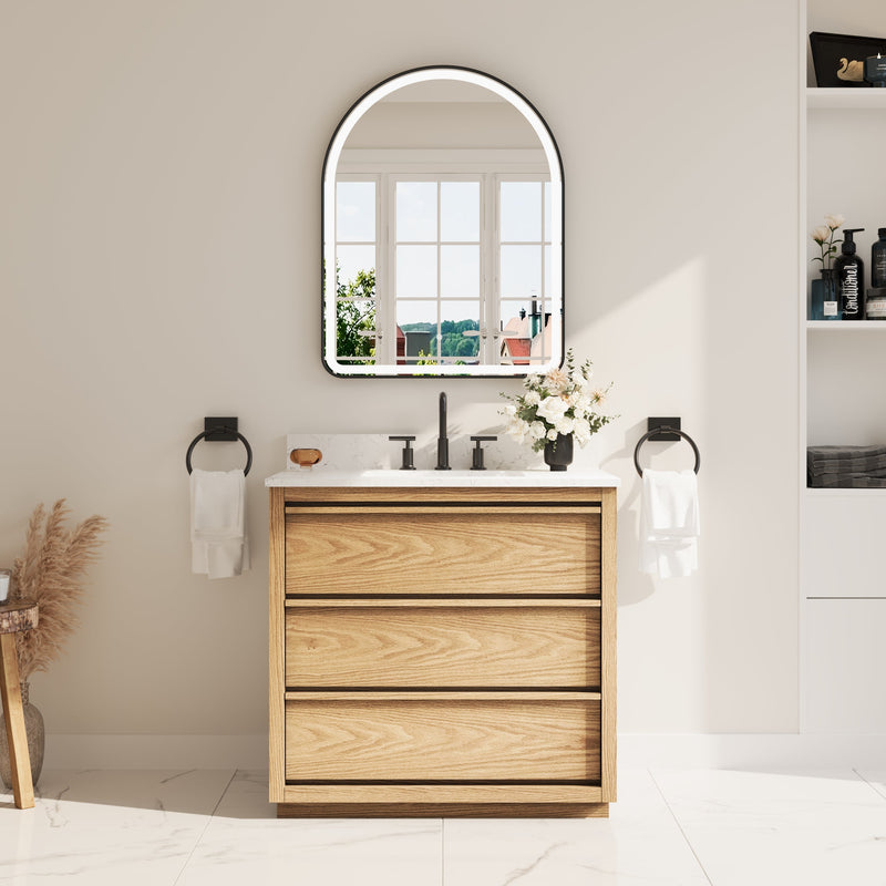 36 Inch Oak Soild Wood Bathroom Vanity with Single Undermount Sink, 3 Dovetail-constructed Drawers