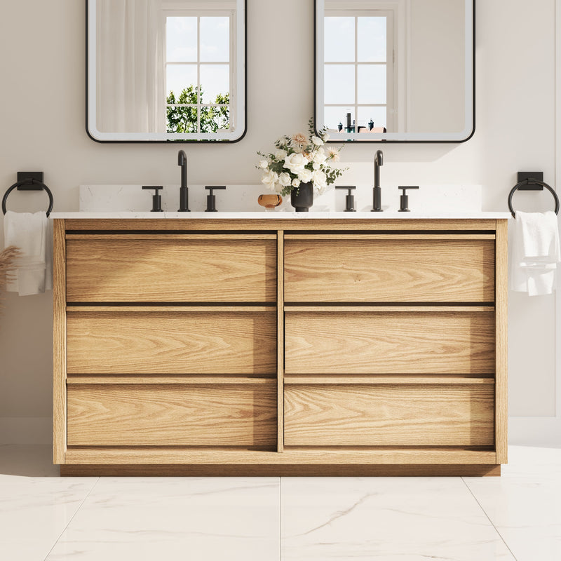 60 Inch Oak Soild Wood Bathroom Vanity with Double Undermount Sinks, 6 Dovetail-constructed Drawers