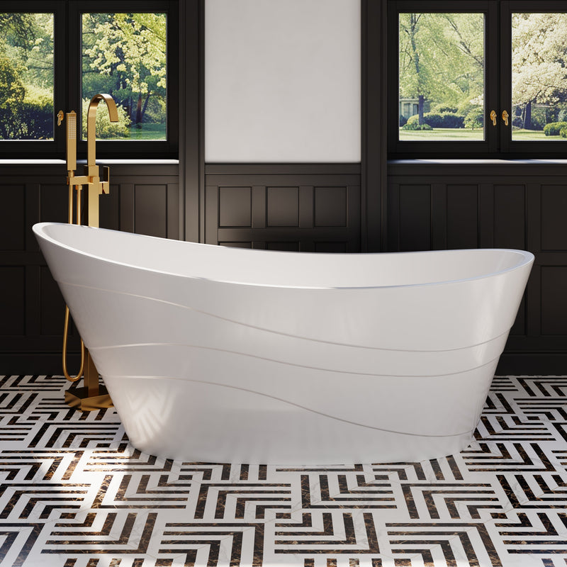 67" Acrylic Freestanding Soaking Bathtub in Glossy White with Pop-up Drainer and Groove Overflow