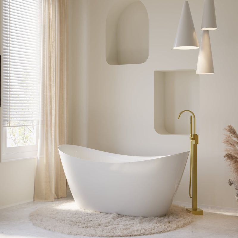 66" Acrylic Freestanding Soaking Bathtub Contemporary Soaking White Tub with Overflow and Drain