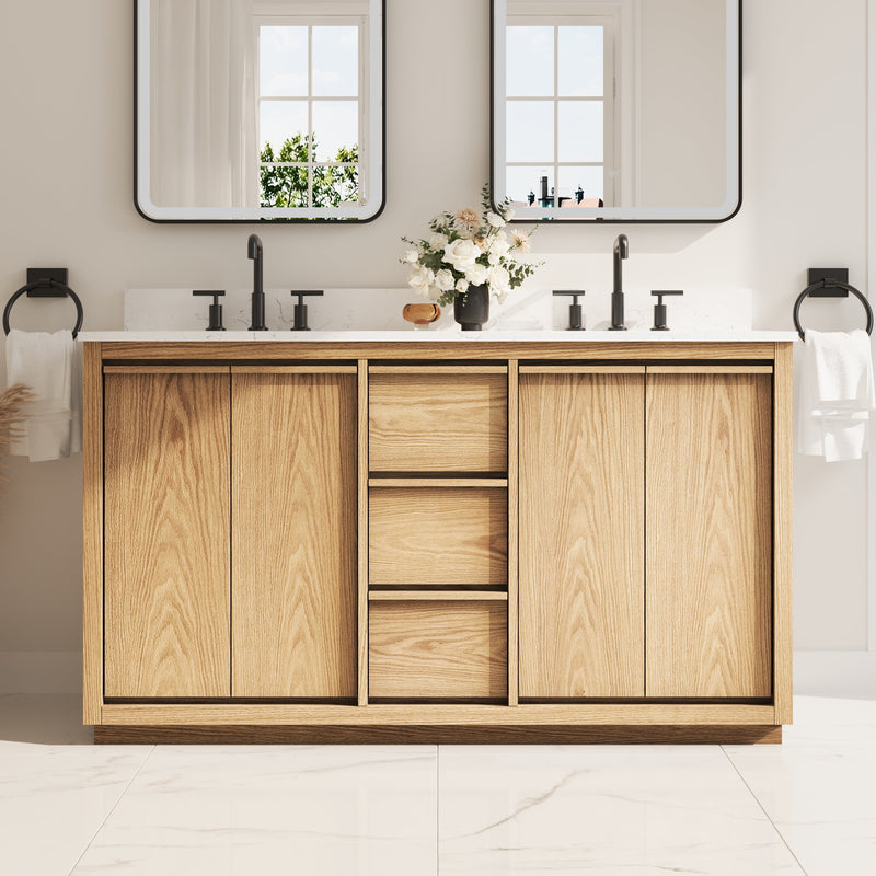 60 Inch Oak Soild Wood Bathroom Vanity with Double Undermount Sinks, 3 Dovetail-constructed Drawers and 4 Soft-close Doors