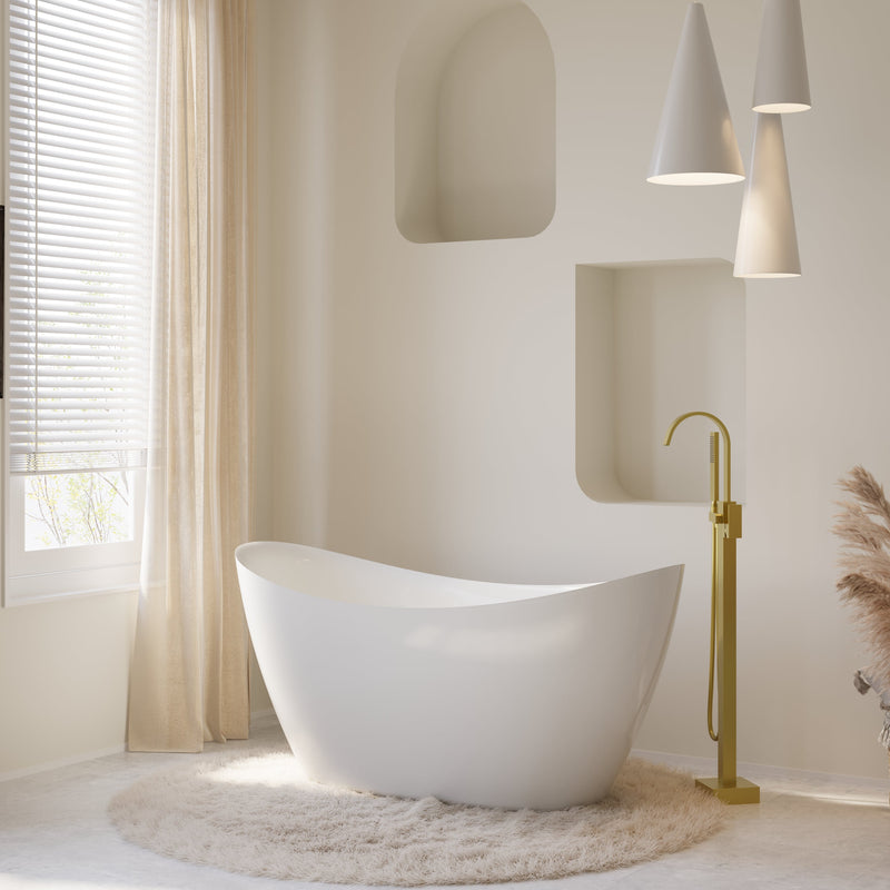 60" Acrylic Freestanding Soaking Bathtub Contemporary Soaking White Tub with Overflow and Drain
