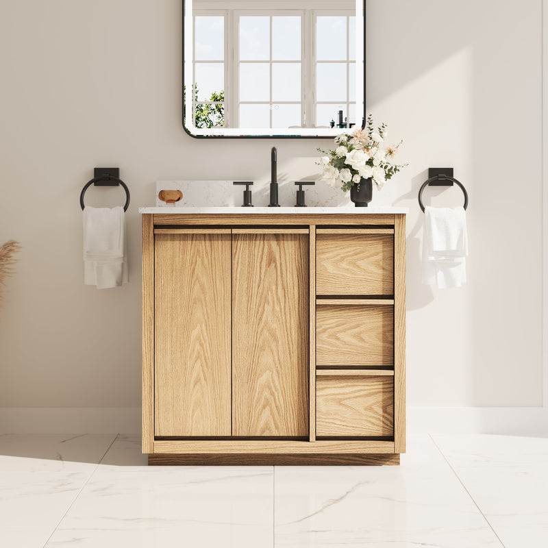 36 Inch Oak Soild Wood Bathroom Vanity with Sink, 3 Dovetail-constructed Drawers and 2 Soft-close Doors