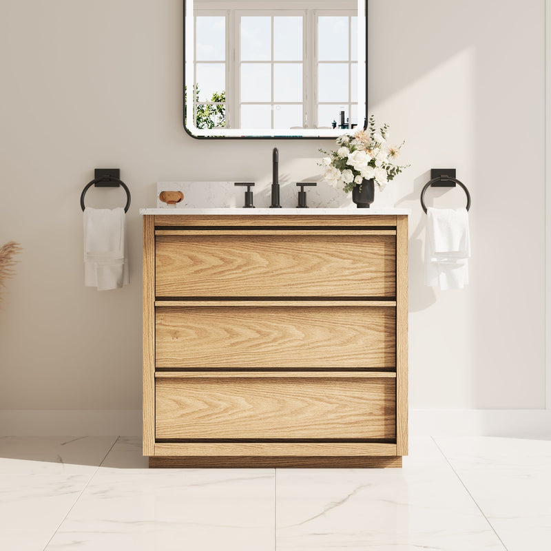 36 Inch Oak Soild Wood Bathroom Vanity with Single Undermount Sink, 3 Dovetail-constructed Drawers