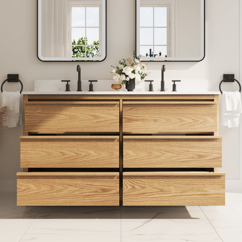 60 Inch Oak Soild Wood Bathroom Vanity with Double Undermount Sinks, 6 Dovetail-constructed Drawers