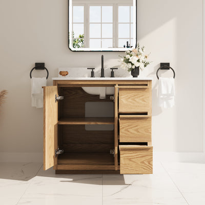 48 Inch Oak Soild Wood Bathroom Vanity with Sink, 6 Dovetail-constructed Drawers and 2 Soft-close Doors