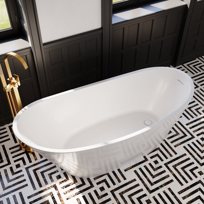 67" Acrylic Freestanding Soaking Bathtub in Glossy White with Pop-up Drainer and Groove Overflow