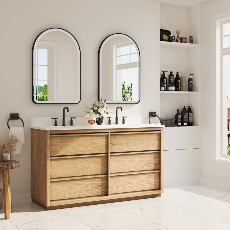 60 Inch Oak Soild Wood Bathroom Vanity with Double Undermount Sinks, 6 Dovetail-constructed Drawers