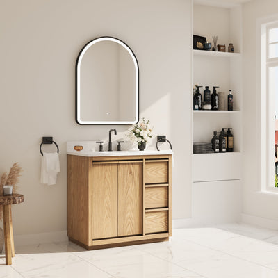 36 Inch Oak Soild Wood Bathroom Vanity with Sink, 3 Dovetail-constructed Drawers and 2 Soft-close Doors